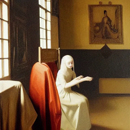 Image similar to a painting of Elle Fanning at a seance surrounded by ghosts, by Johannes Vermeer