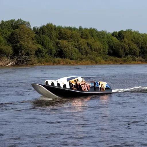 Image similar to speedboat that looks like a viking ship sailing down a river