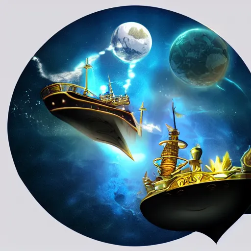 Image similar to fantasy world on top of a ship sailing in space