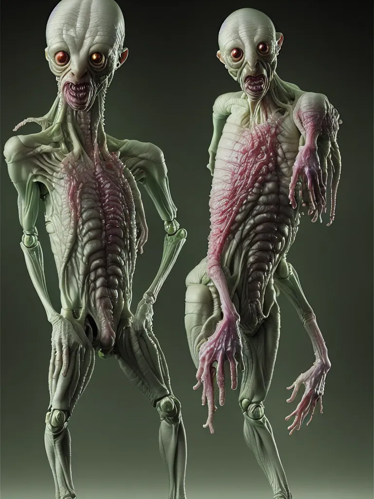 Image similar to hyperrealistic rendering, fat smooth cronenberg flesh monster transparent grey alien by donato giancola and greg rutkowski and wayne barlow and zdzisław beksinski, product photography, action figure, sofubi, studio lighting, colored gels