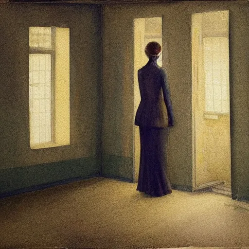 Image similar to close up of a girl in a haunted liminal abandoned room, watercolor by victo ngai, by hammershøi, art noveau, highly detailed, lights by edward hopper, liminal, eerie, bright pastel colors