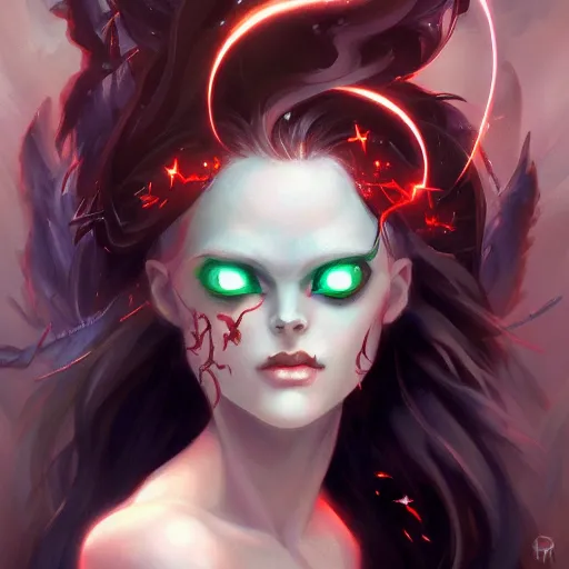 Prompt: portrait of the beautiful face a demoness with pale skin and red eyes and long dark hair by pete mohrbacher and artgerm and wlop, digital art, unreal engine 5, 4K UHD image