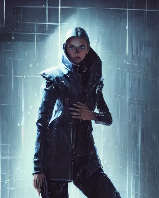 Image similar to detailed portrait of European Pretty Young Girl Storm Rain movie Jacket coat, Futuristic sci-fi fashion, royal attire by ismail inceoglu dragan bibin hans thoma greg rutkowski Alexandros Pyromallis Nekro Rene Margitte illustrated Perfect face, sharp chine, fine details, realistic shaded, fine-face, pretty face cyberpunk, neotokyo, synthwave, aesthetics, futuristic, low-emission-neon, bladerunner movie scene