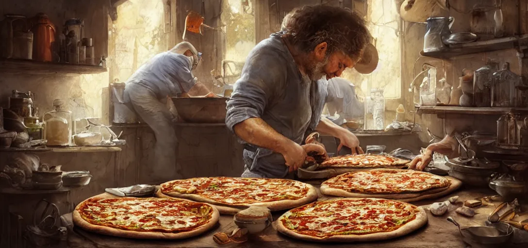 Image similar to a chef inventing the pizza, pots and pans, ingredients, jars, happy, hyper detailed, 8k, james gurney, greg rutkowski, john howe, artstation