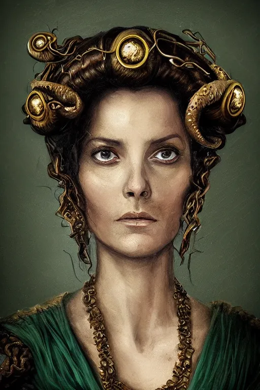 Image similar to portrait, headshot, digital painting, of a 17th century, beautiful, middle aged, middle eastern, wrinkles, decadent, cyborg noble woman, dark hair, piercings, tentacle hair, tendrils, amber jewels, baroque, ornate dark green opulent clothing, scifi, futuristic, realistic, hyperdetailed, concept art, chiaroscuro, rimlight, art by syd mead