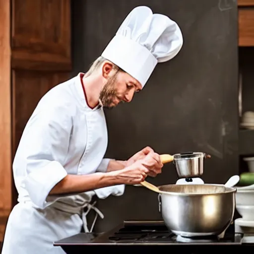 Image similar to tiny and innocent baby yoda appears as a chef wearing a white chefs hat and apron in a beautiful kitchen, preparing some food