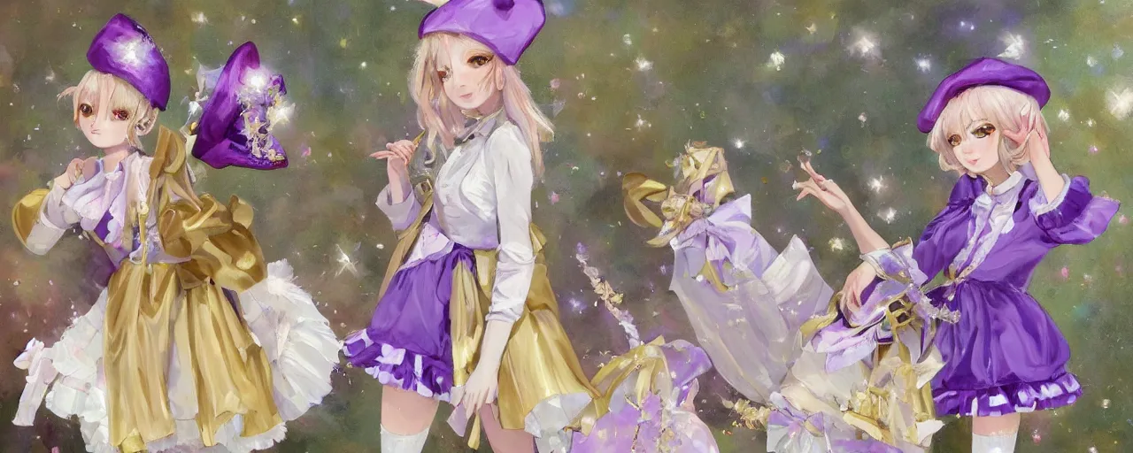 Prompt: A painting of many cute magical girls with short blond hair wearing an oversized purple Beret, A purple and white dress uniform, Short Puffy pants made of silk, a fluffly petticoat, pointy jester shoes, a big billowy scarf, Golden Ribbon, and white leggings Covered in stars. Short Hair. Sunlit. Haute Couture.Art by william-adolphe bouguereau and Paul Delaroche and Alexandre Cabanel and Lawrence Alma-Tadema. Smooth. Elegant. Highly Detailed. Intricate. 4K. UHD. Denoise.