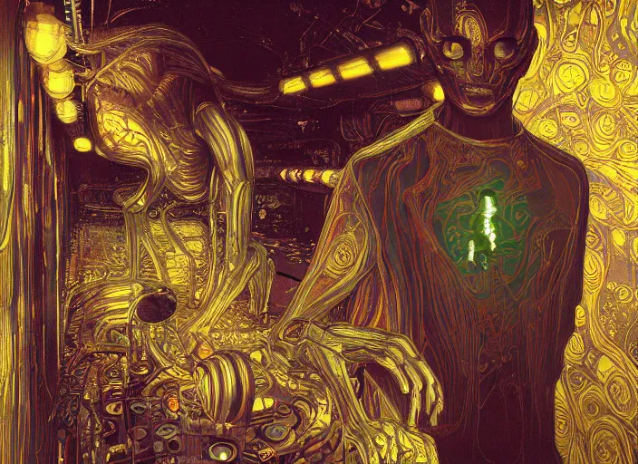Image similar to portrait of man with alien interior bright factory building, cynical realism, painterly, yoshitaka amano, miles johnston, moebius, beautiful lighting, miles johnston, klimt, tendrils, in the style of, louise zhang, victor charreton, james jean, two figures