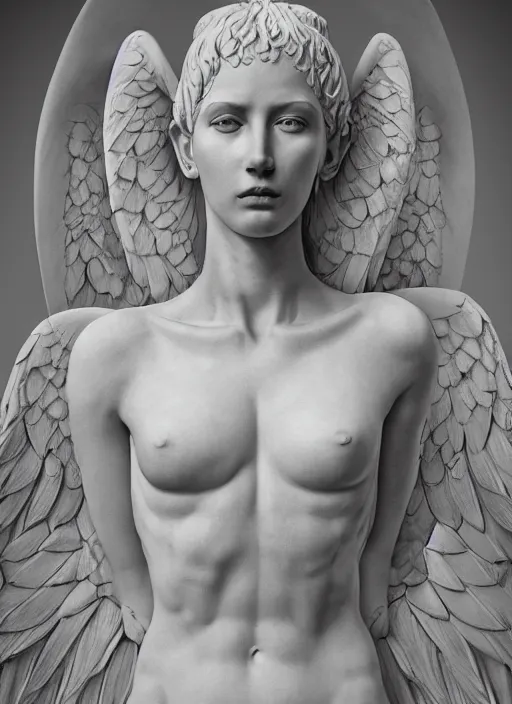 Image similar to a statue made of white marble with gold veins, of an beautiful gorgeous angel girl, full body shot, perfect symmetrical body, perfect symmetrical face, no eyes, hyper realistic, hyper detailed, fujicolor superia 1 6 0 0 photo, by johannen voss, by peter kemp, by monia merlo, by michelangelo octane render, blender, 8 k