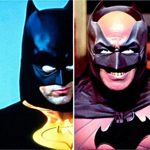 Image similar to Danny Devito as Batman, still image from Batman movie, shot of face