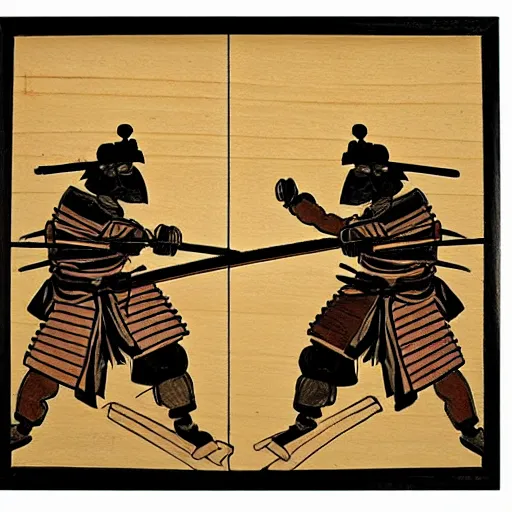 Image similar to two samurai battle each other, wood block painting style, outline style, hand drawn style, circa 1 5 0 0 s, history, scretch, dust, grain, noise, on wood