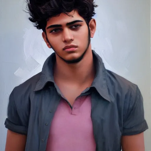 Image similar to oil painting by ilya kuvshinov, baugh casey, rhads, coby whitmore, of a youthful persian - indian college student, male, handsome, curly black hair, outdoors, highly detailed, breathtaking face, studio photography, dawn, intense subsurface scattering, blush, supple look, innocence, intense sunlight