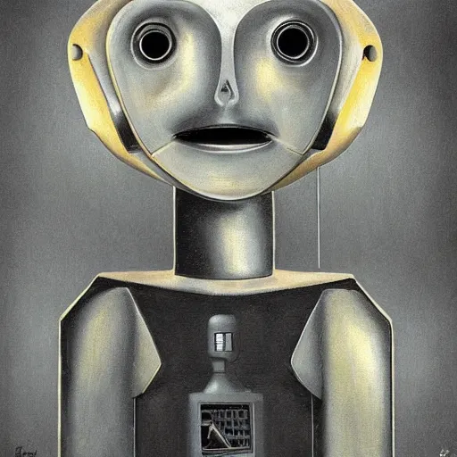Prompt: a skinny outdated awkward robot with joints that creak and a triangular head with 2 antenna, painting by Ed Binkley