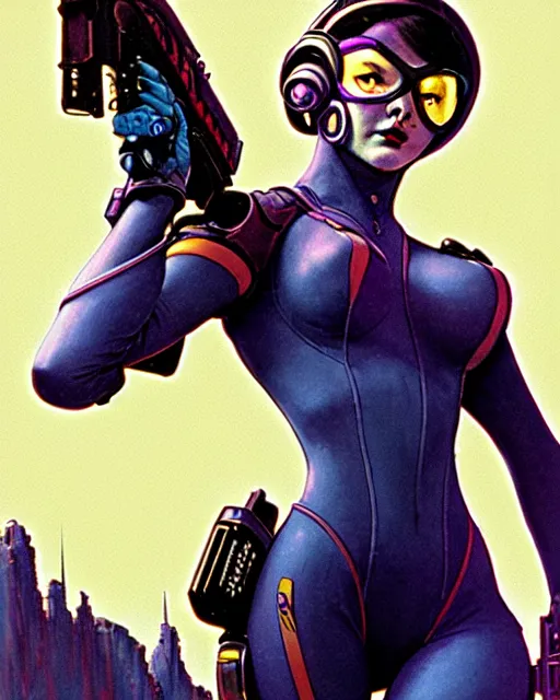 Image similar to widowmaker from overwatch, character portrait, portrait, close up, concept art, intricate details, highly detailed, vintage sci - fi poster, retro future, in the style of chris foss, rodger dean, moebius, michael whelan, and gustave dore