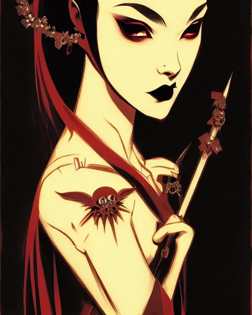 Image similar to beautiful vampire princess with tiara, symmetrical face, evil, portrait, cinematic, dramatic, powerful, super detailed and intricate, by koson ohara, by darwyn cooke, by greg rutkowski, by satoshi kon