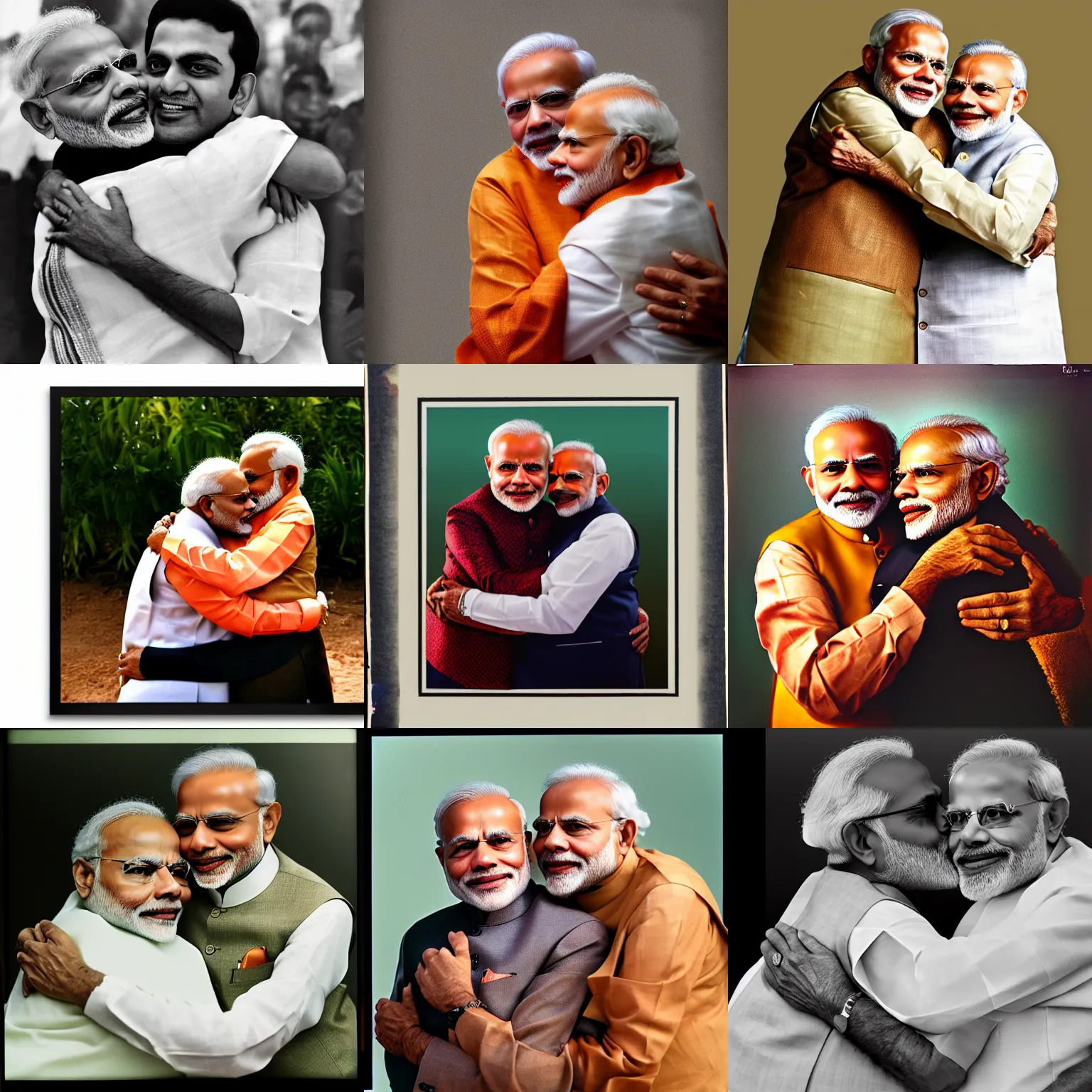 Prompt: Narendra Modi hugging Narendra Modi, photographed by Bharat Sikka on a large format film camera, 8K,