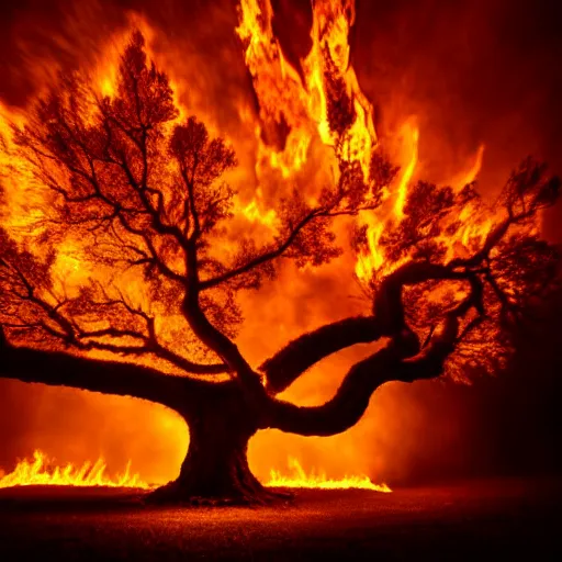 Prompt: hollow oak tree on fire, portrait, intricate, photograph, fog extreme details cinematic masterpiece