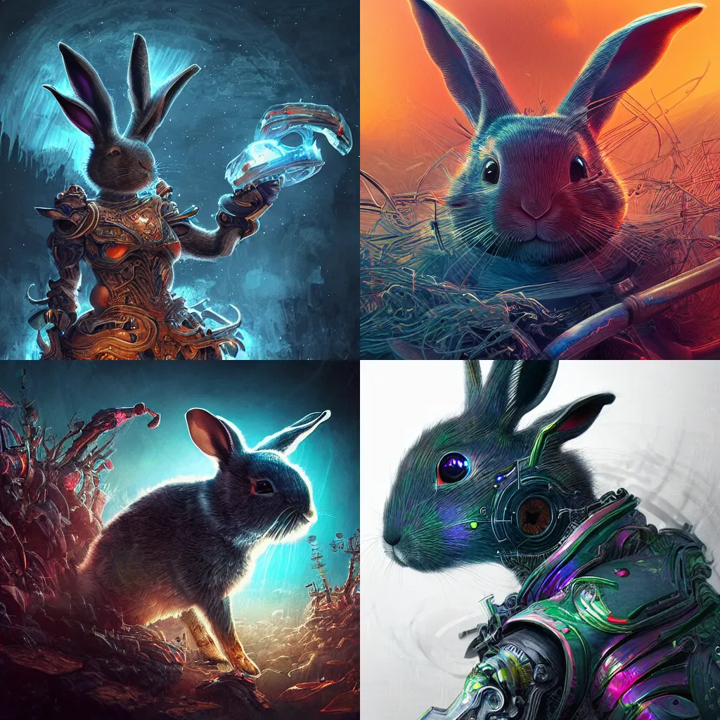 Prompt: a rabbit robot, digital art, concept art trending on artstation, epic composition, fantasy, insanely detailed and intricate, elegant, swirly vibrant colors, sharp focus, explosion of color