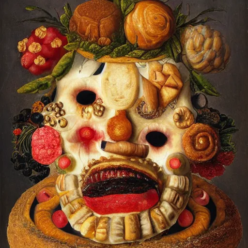 Image similar to a head made out of pastries and cakes by giuseppe arcimboldo, oil on canvas