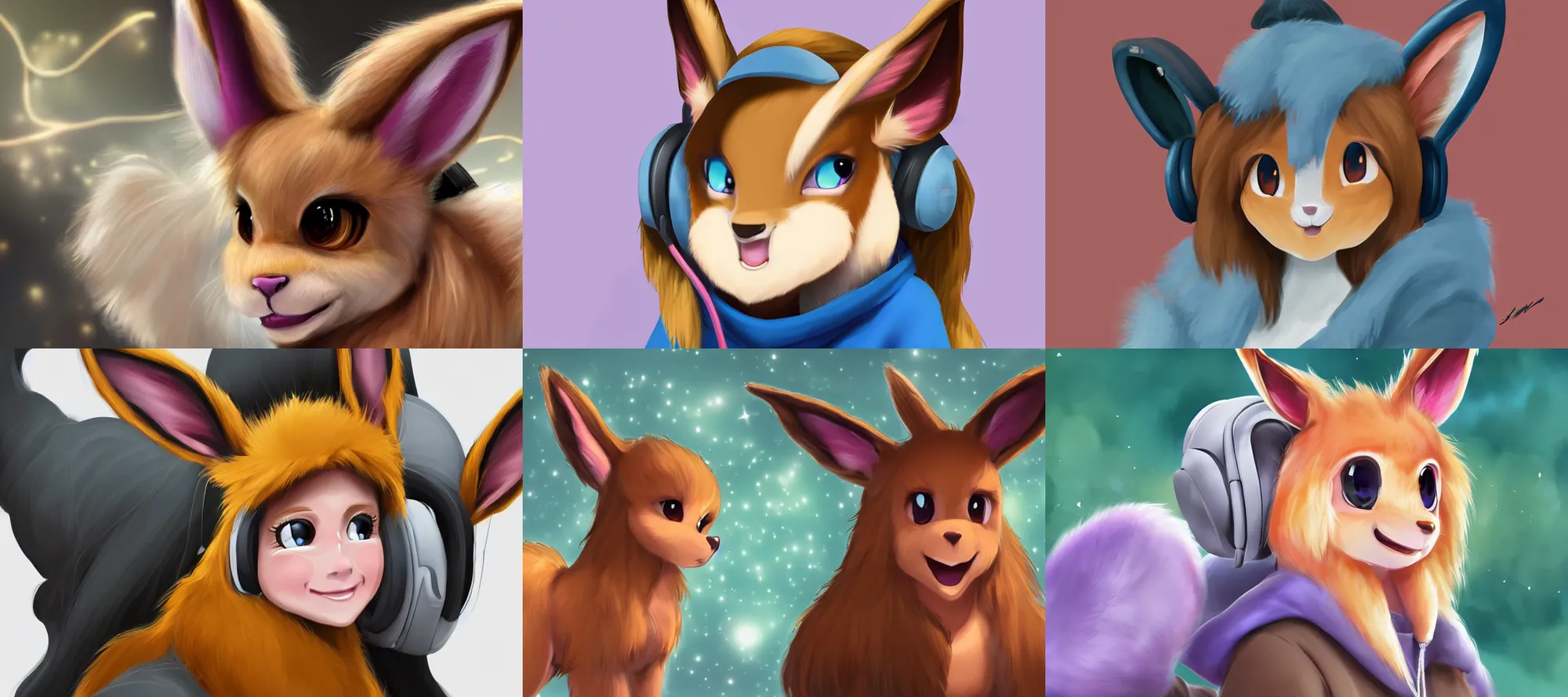 Prompt: high resolution digital painting of realistic female anthro eevee with mane of soft synthetic fur, softly smiling wearing a hoodie and headphones