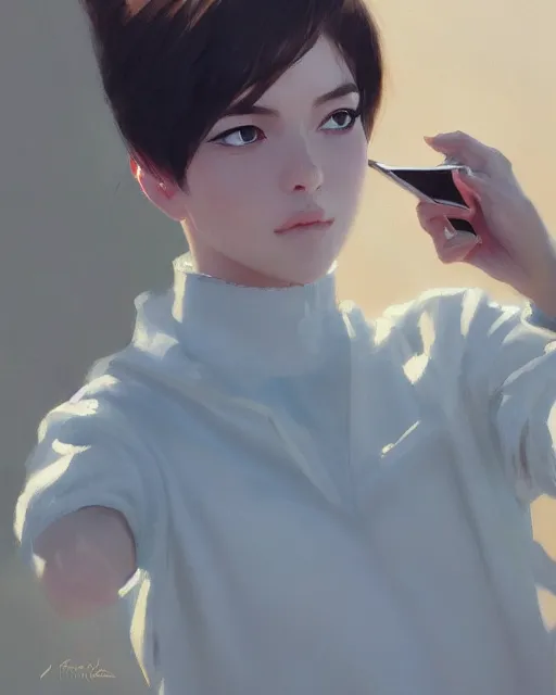 Image similar to A ultradetailed beautiful portrait panting of a stylish girl taking a selfie, Oil painting, by Ilya Kuvshinov, Greg Rutkowski and Makoto Shinkai