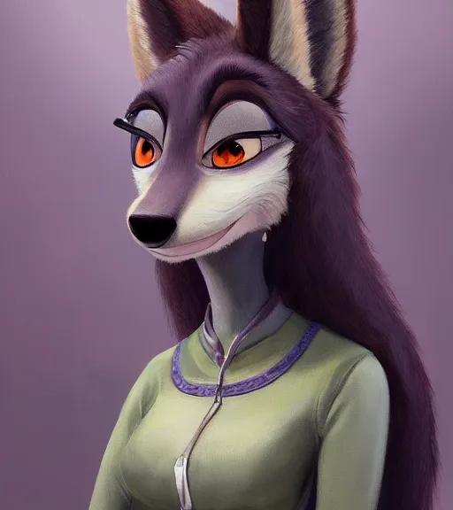 Image similar to oil painting of anthromorphic female wolf, in style of zootopia, zootopia, zootopia, fursona, furry, furaffinity, 4 k, deviantart, furry art, fursona art, wearing black business suit, business suit, in style of zootopia, wolf fursona, cyberpunk, female, expressive detailed feminine face,