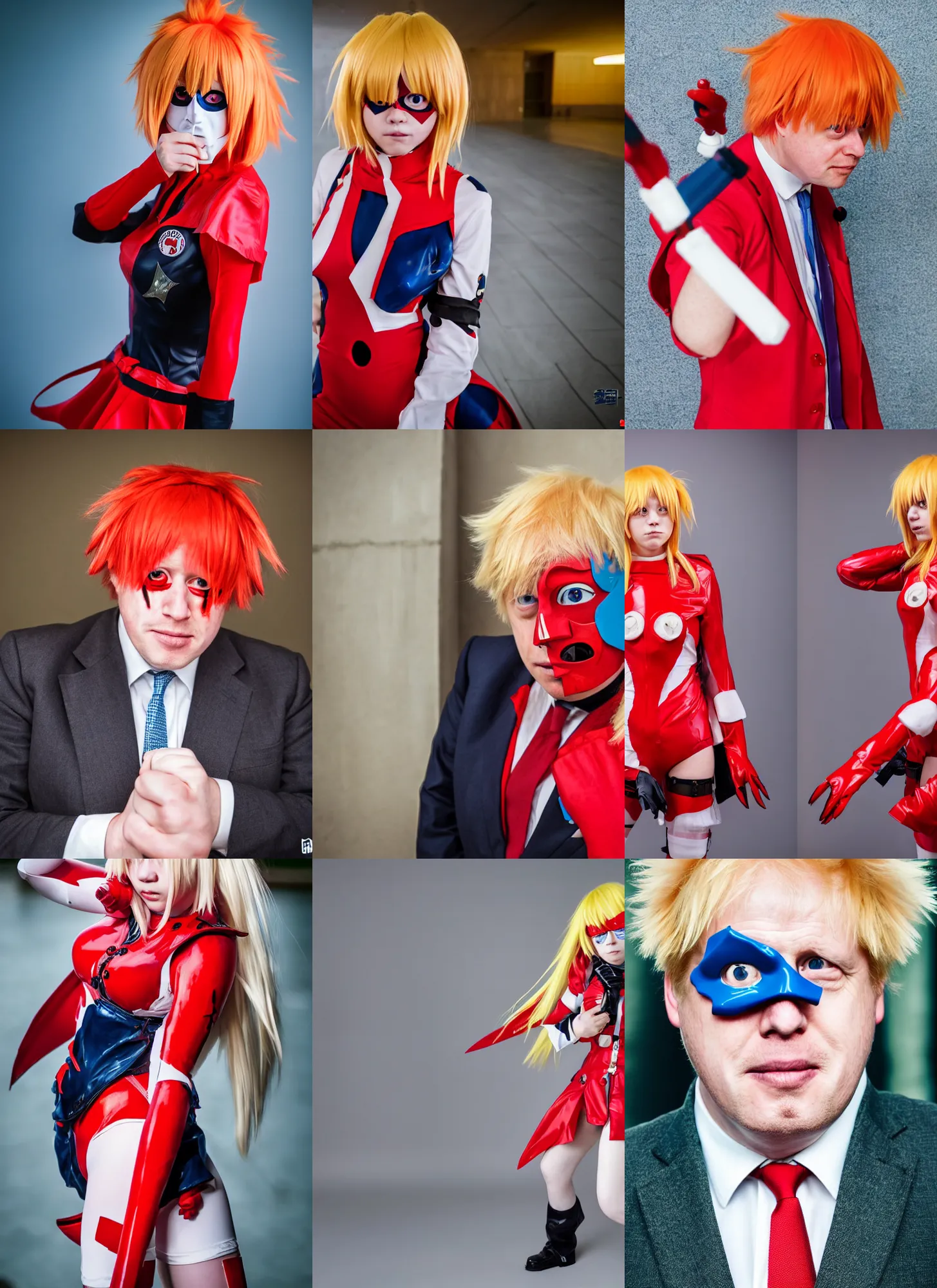 Prompt: boris johnson cosplaying as asuka langley, eyepatch, anime convention, portrait photography, high quality, detailed, sigma 8 5 mm