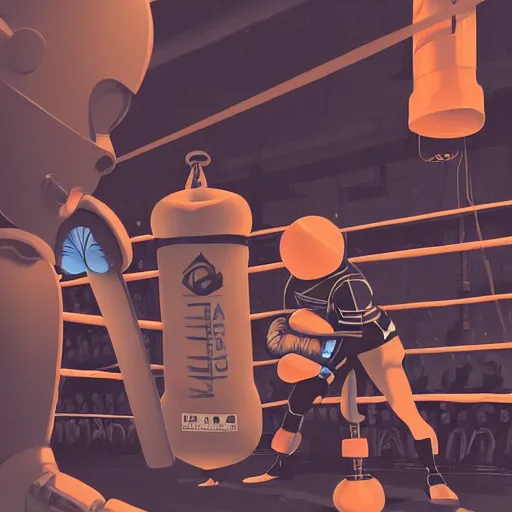 Image similar to a beautiful highly detailed vector illustration close up of a boxing match with robots in a factory, punk styling by atey ghailan, cliff chiang, loish and goro fujita, silver, silver, brown, black, blue and cyan tones, featured on artstation, featured on behance, grunge aesthetic