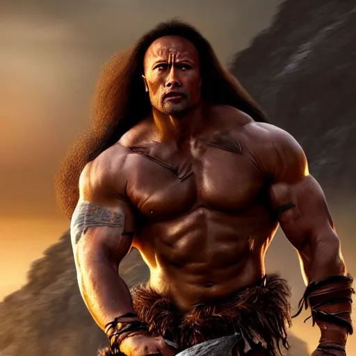 Prompt: Dwayne Johnson as Conan the Barbarian, 4k, artstation, cgsociety, award-winning, masterpiece, stunning, beautiful, glorious, powerful, fantasy art