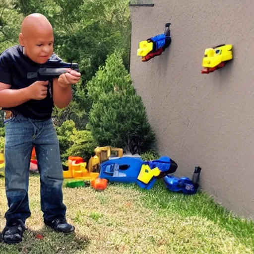 Image similar to a kid playing with A miniature Dwayne Johnson with toy guns