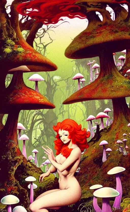 Image similar to fairies with detailed faces and red hair, enchanted cosmic forest, mushrooms on the ground, psychedelic, wide angle shot, white background, vector art, illustration by frank frazetta