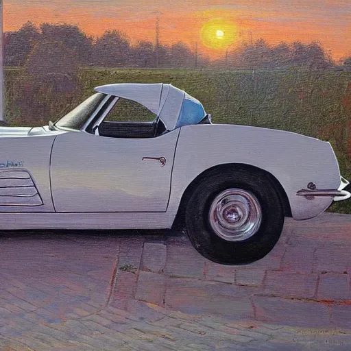 Image similar to corvette with cats sitting in and on the car, old dutch painting, golden hour, shadows, wide shot