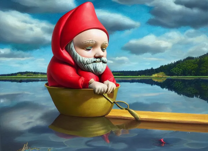 Image similar to a garden gnome sailing in a bucket, background of a reflective pond on a sunny day with dramatic clouds, an ultrafine detailed painting by mark ryden, trending on deviantart, pop surrealism, whimsical, lowbrow, joyous, perfect symmetrical face