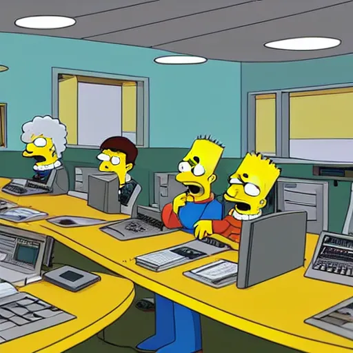 Prompt: the simpsons are sitting behind desks with computers in the animation studio, working on an episode