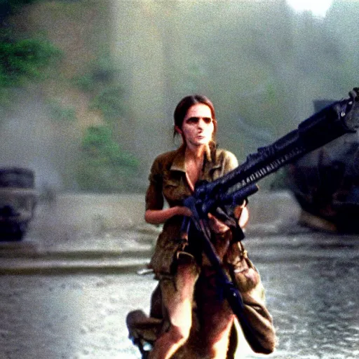 Image similar to film still, extreme far view, emma watson vietnam door gunner, film still from apocalypse now ( 1 9 7 9 ), 2 6 mm, kodak ektachrome, blue tint expired film,