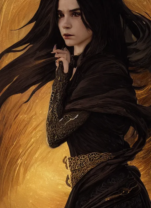 Image similar to medium-length portrait of a female dragonborn wizard with black scales and golden eyes, black dragon head, serious expression, wears a beautiful flowing dark robe, medieval setting, highly detailed, digital painting, artstation, concept art, sharp focus, illustration, art by greg rutkowski and alphonse mucha