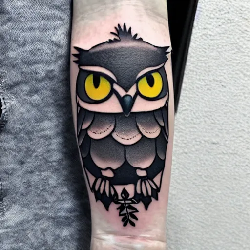 Prompt: A black tattoo of Blathers the owl from Animal Crossing