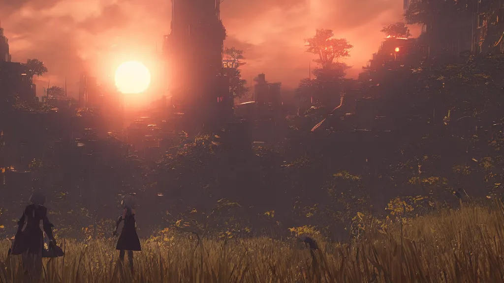 Image similar to beautiful Nier Automata landscape, sunset