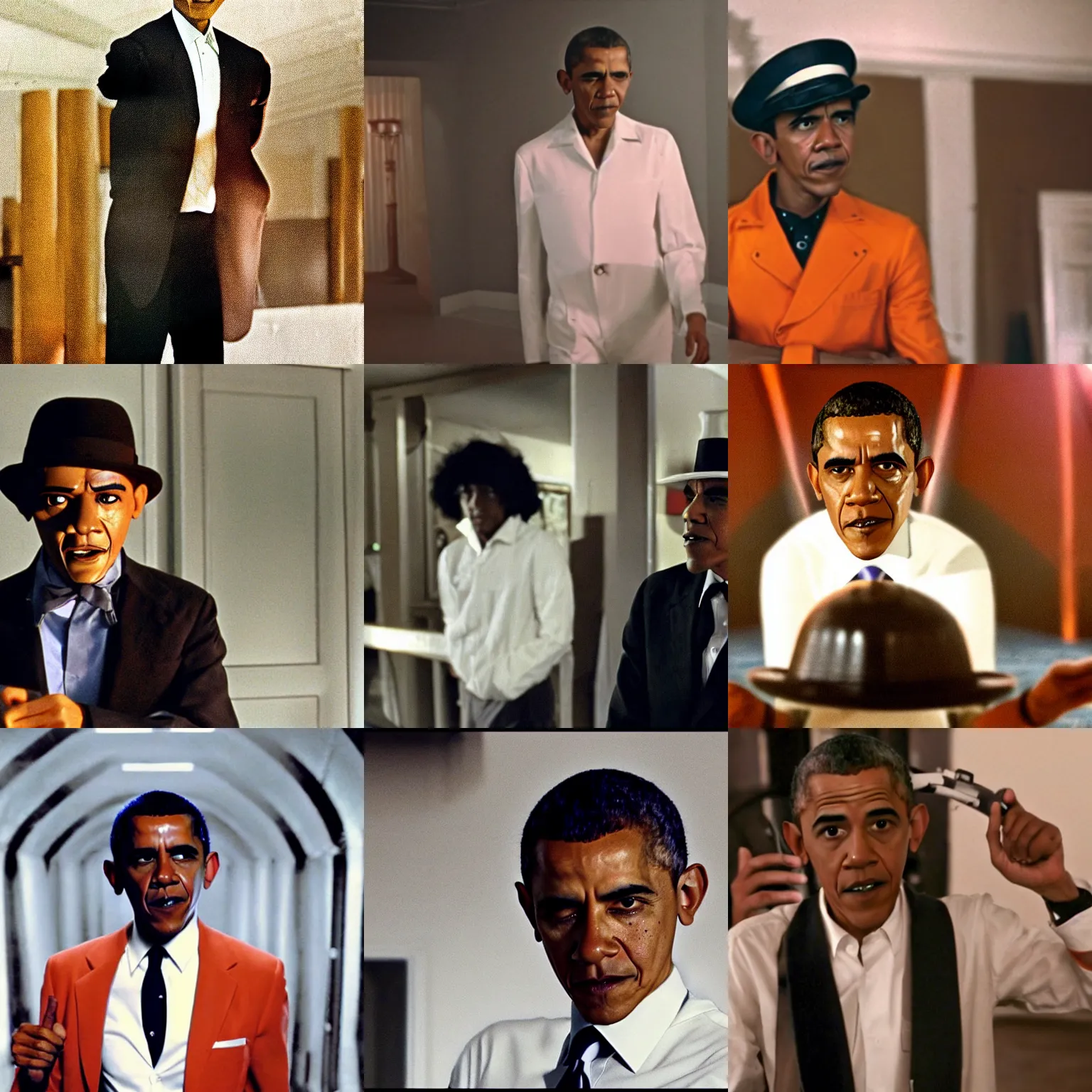 Prompt: Movie still of Barack Obama in A Clockwork Orange