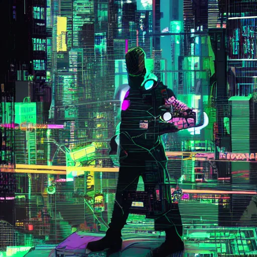 Image similar to cyberpunk hacker in front of bangkok by josan gonzalez