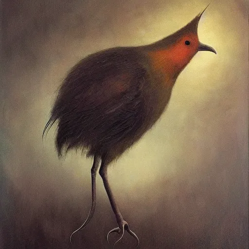 Prompt: an oil painting of a kiwi bird by esao andrews. circa survive album cover art. dark. muted colors. gothic. oil painting with brush strokes. creepy.