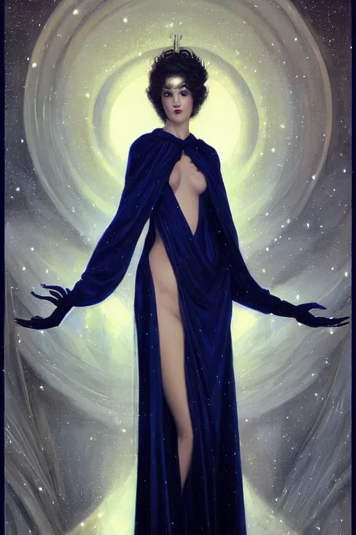 Image similar to Nocturne, glowing, stars, a long-legged elegant evil woman, highly detailed, mysterious, ethereal, dressed in midnight blue velvet, haute couture, illustration, dramatic lighting, soft details, painting, by Edmund Blair Leighton, Brom, Charlie Bowater, trending on artstation, faces by Tom Bagshaw, otto schmidt