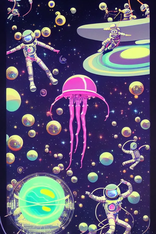 Prompt: crenelated chrome space - suits protect jovial jellyfish kawaii space - cadets from certain doom as the planet they orbit sends elastic aerochrome nets attack them, tristan eaton, victo ngai, maxfield parrish, artgerm, koons, ryden, intricated details, 3 / 4 view, space scene illustration on black paper