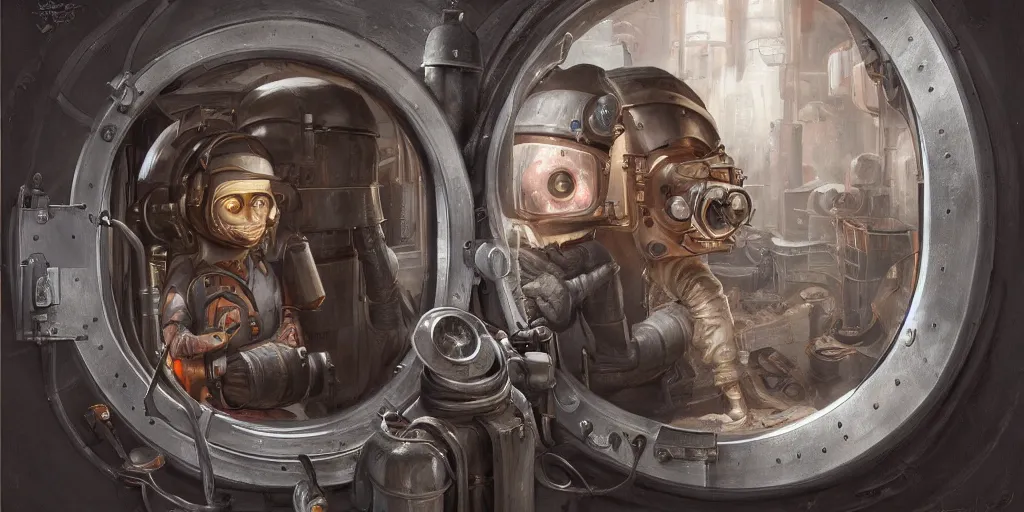 Prompt: highly detailed portrait painting of welder and angelina joile, mono single eye in porthole, by eddie mendoza and tyler edlin, 8 k resolution