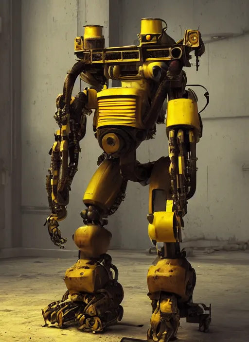 Image similar to a photorealistic dramatic hyperrealistic render of a futuristic exosuit power loader heavy machinery, ultra realistic details, glossy yellow, well worn, rust, oil stains by vitaly bulgarov and mike nash, beautiful dramatic dark moody tones and lighting, cinematic atmosphere, studio lighting, global illumination, shadows, dark background, octane render, 8 k