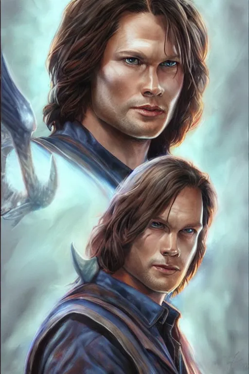 Image similar to front portrait of attractive sam winchester as a supernatural being, d & d!, fantasy style, sharp focus!, ultra detailed, art by artgerm and peter andrew jones, wlop