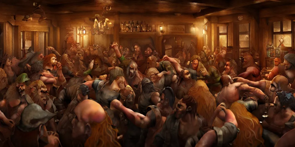 Image similar to a photo of a bar fight inside a pub between hobbits and dwarves and elves, detailed faces, accurate faces, 4k, hyperrealism, editorial, photorealistic, crisp details, sharp focus, wide angle lens, octane render, caustics