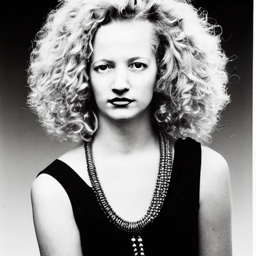 Prompt: symmetrical human portrait of lisa simpson with blonde curly hair, grainy high contrast black and white photography photo print ilford warm tone, she is wearing a delicate pearl necklace