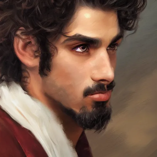 Image similar to portrait of a young italian male, very curly dark shoulder length hair, round nose, angular eyebrows, short patchy beard, closeup portrait, elegant, highly detailed, oil painting, artstation, concept art, matte, sharp focus, illustration, hearthstone, art by earl norem