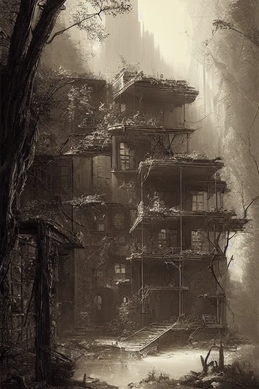 Image similar to (((((a ramshackle manhattan brick brownstone deep in the forest))))) by Raphael Lacoste!!!!!!!!!!!!!!!!!!!!!!!!!!!